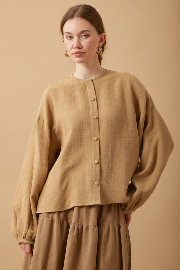 Stand Collar Muslin Shirt Camel - 1