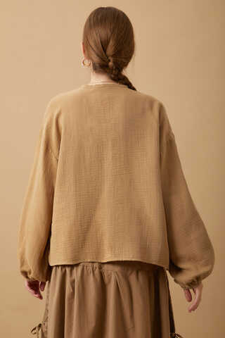 Stand Collar Muslin Shirt Camel - 8
