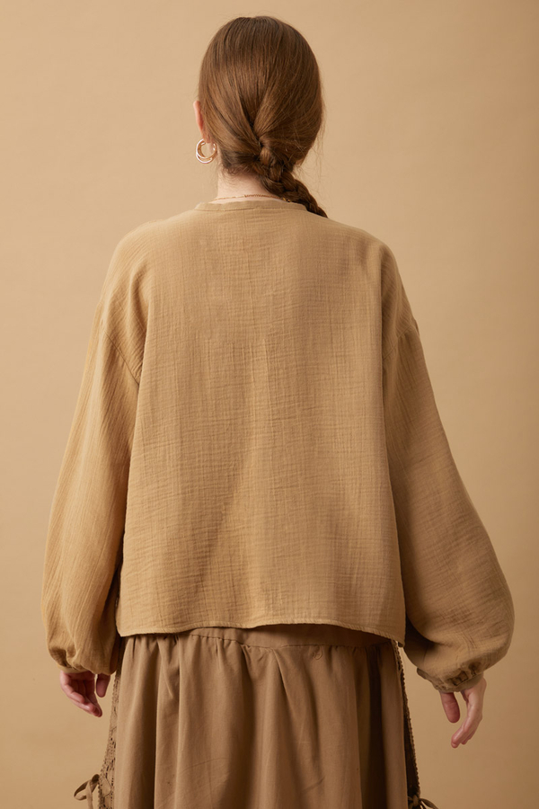 Stand Collar Muslin Shirt Camel - 8
