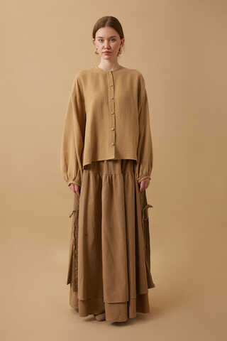 Stand Collar Muslin Shirt Camel - 3