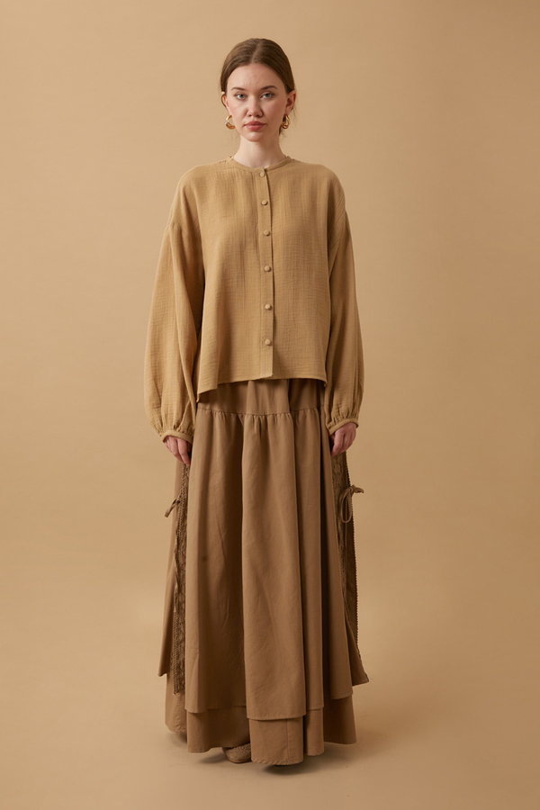 Stand Collar Muslin Shirt Camel - 3