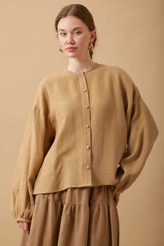 Stand Collar Muslin Shirt Camel - 1