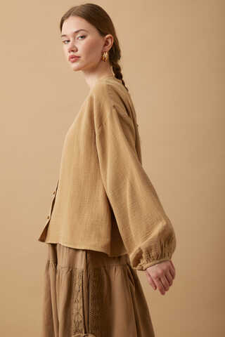 Stand Collar Muslin Shirt Camel - 6