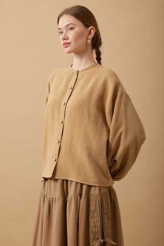 Stand Collar Muslin Shirt Camel - 7