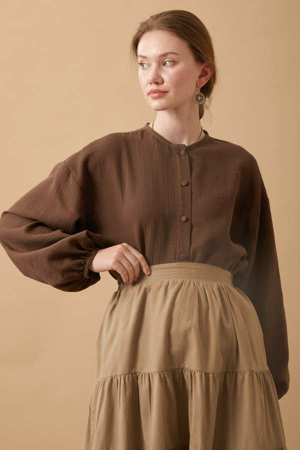 Stand Collar Muslin Shirt Dark Brown - 3