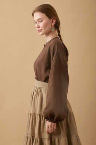 Stand Collar Muslin Shirt Dark Brown - 5