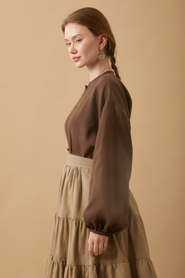 Stand Collar Muslin Shirt Dark Brown - 5