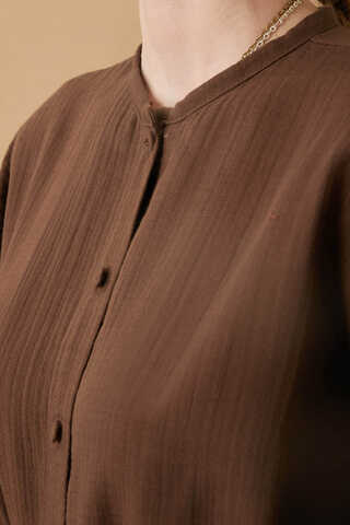 Stand Collar Muslin Shirt Dark Brown - 6