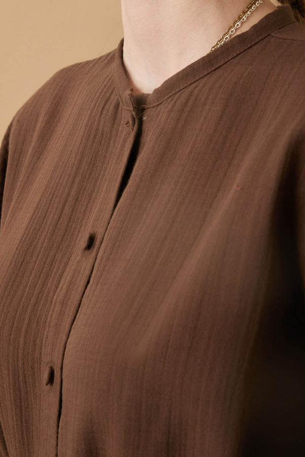 Stand Collar Muslin Shirt Dark Brown - 6