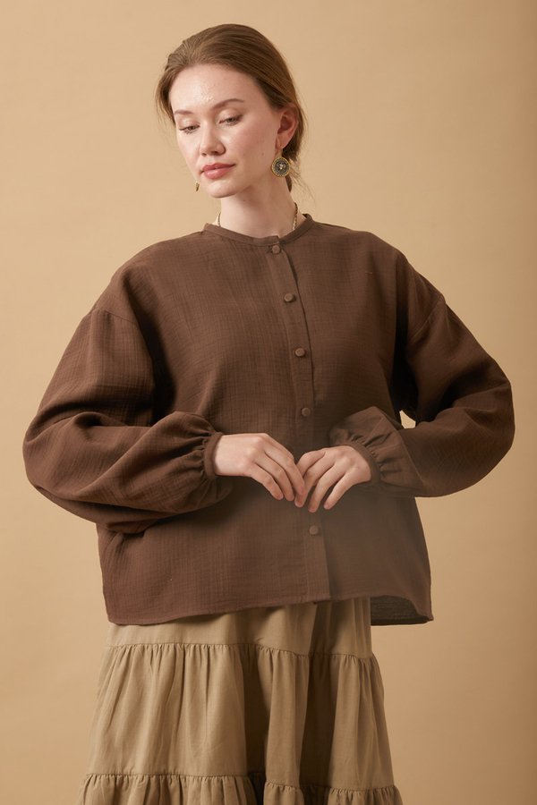 Stand Collar Muslin Shirt Dark Brown - 8