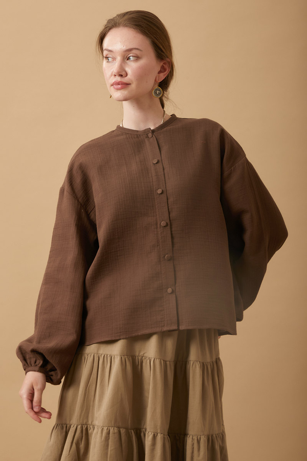 Stand Collar Muslin Shirt Dark Brown 
