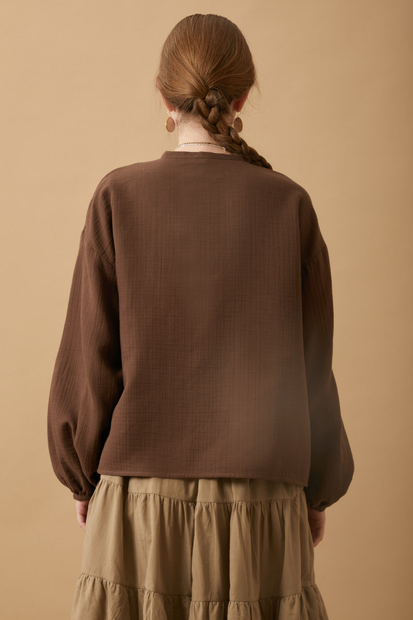 Stand Collar Muslin Shirt Dark Brown - 10