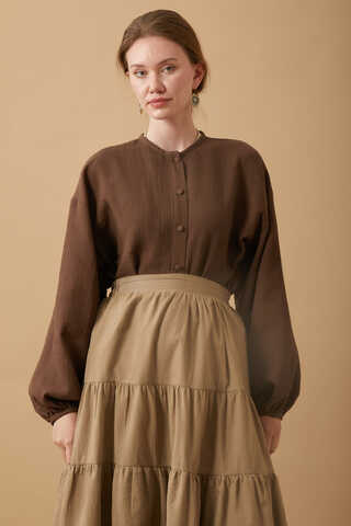 Stand Collar Muslin Shirt Dark Brown - 4