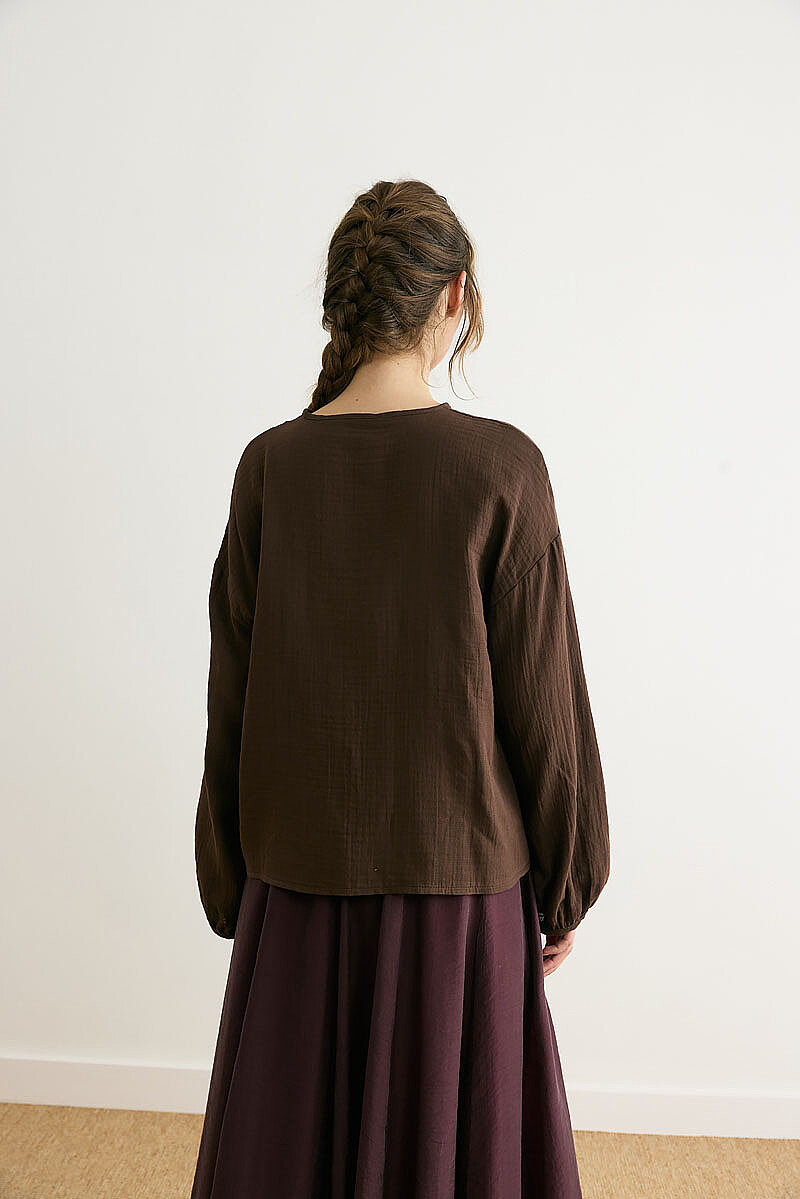 Stand Collar Muslin Shirt Dark Brown - 5