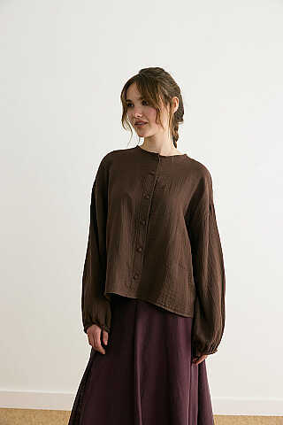 Stand Collar Muslin Shirt Dark Brown - 3