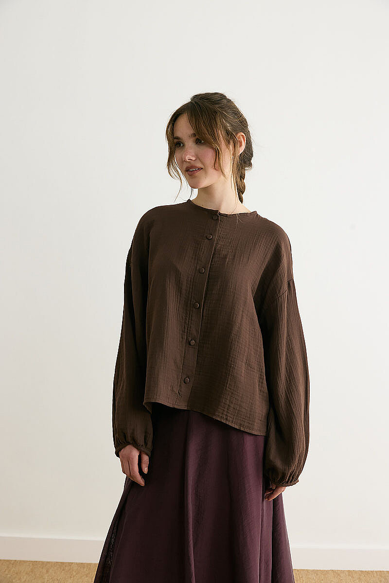 Stand Collar Muslin Shirt Dark Brown - 3