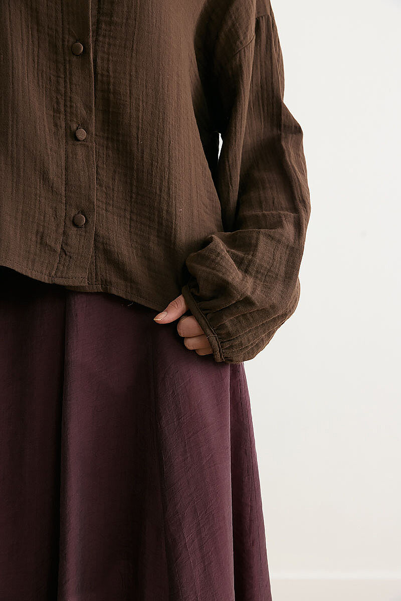 Stand Collar Muslin Shirt Dark Brown - 4