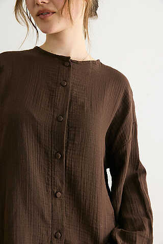 Stand Collar Muslin Shirt Dark Brown - 2