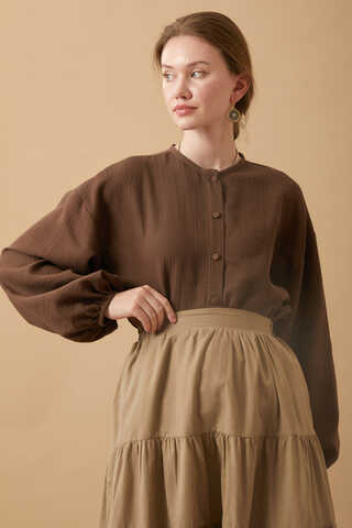 Stand Collar Muslin Shirt Dark Brown - 3