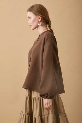 Stand Collar Muslin Shirt Dark Brown - 7