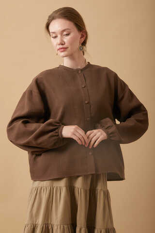 Stand Collar Muslin Shirt Dark Brown - 8
