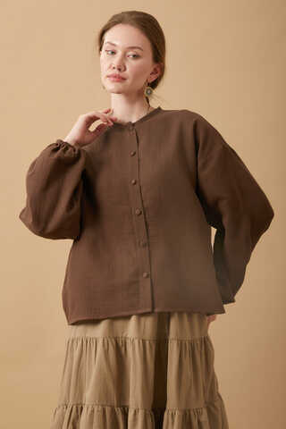 Stand Collar Muslin Shirt Dark Brown - 9