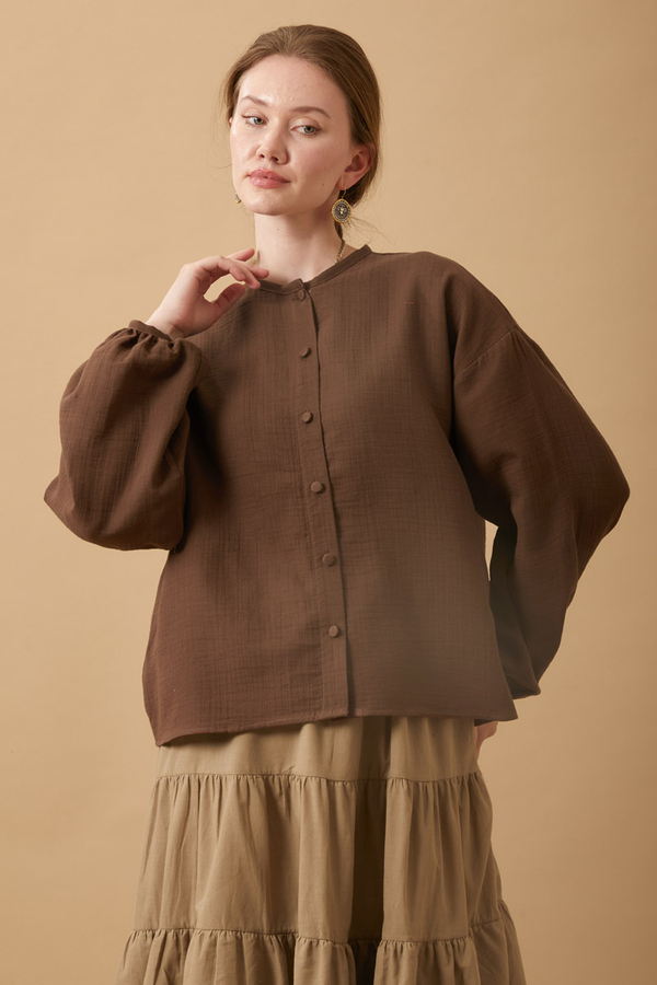 Stand Collar Muslin Shirt Dark Brown - 9