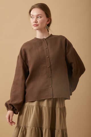 Stand Collar Muslin Shirt Dark Brown - 1