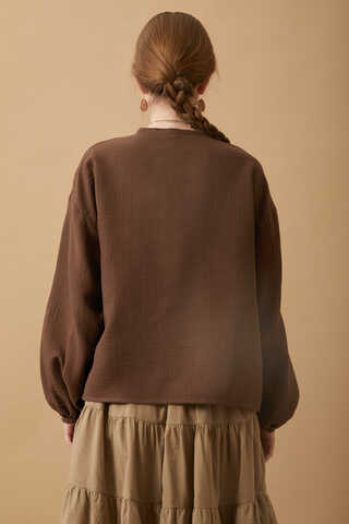 Stand Collar Muslin Shirt Dark Brown - 10