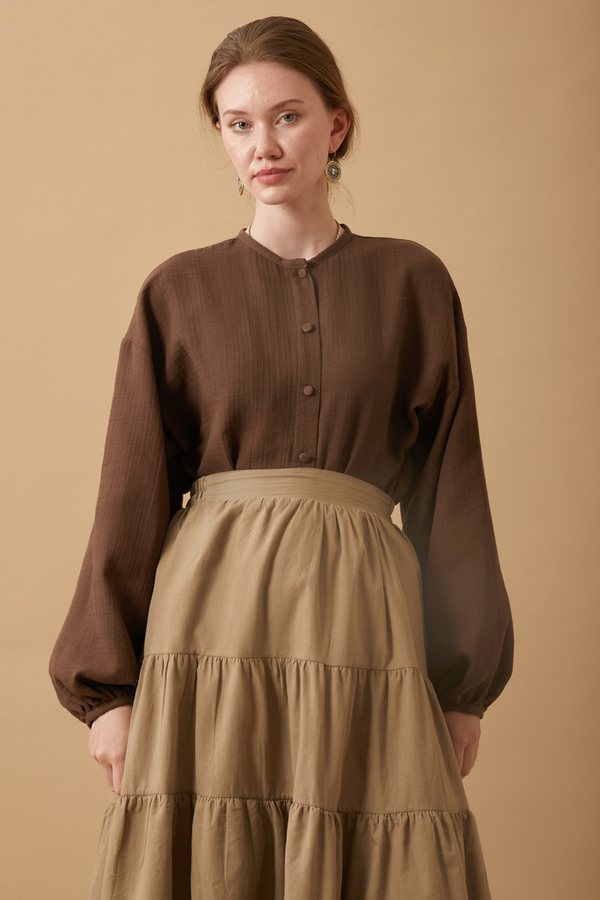 Stand Collar Muslin Shirt Dark Brown - 4