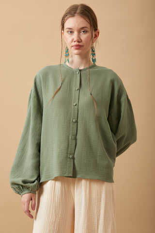 Stand Collar Muslin Shirt Dark Mint - 1
