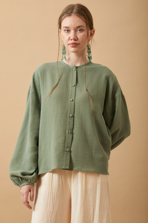Stand Collar Muslin Shirt Dark Mint 