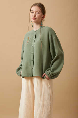 Stand Collar Muslin Shirt Dark Mint - 5