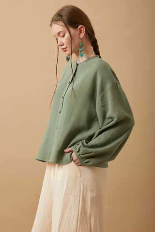 Stand Collar Muslin Shirt Dark Mint - 3