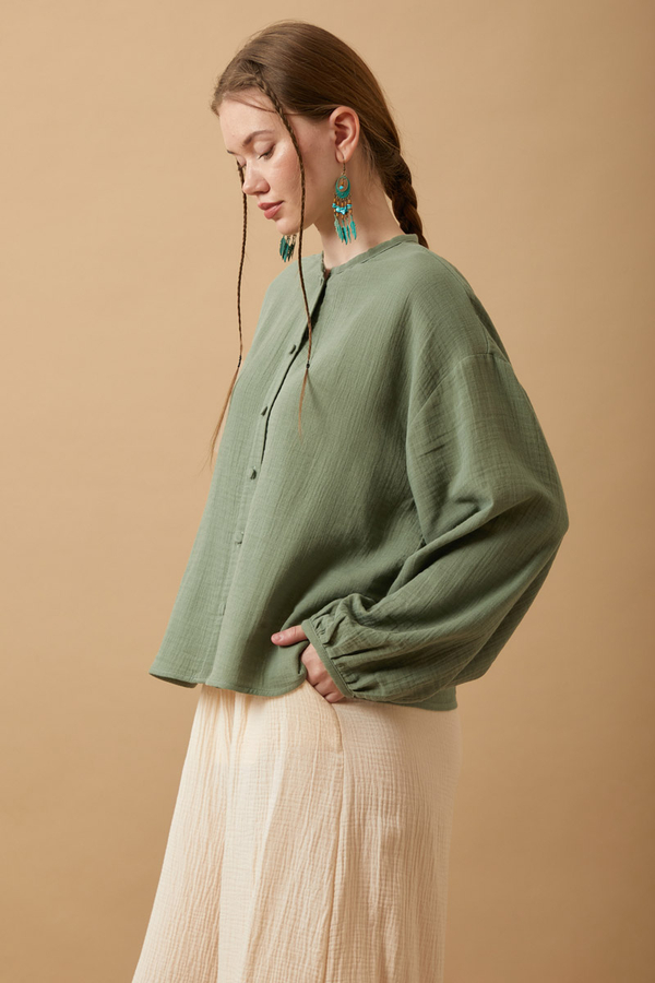 Stand Collar Muslin Shirt Dark Mint - 3