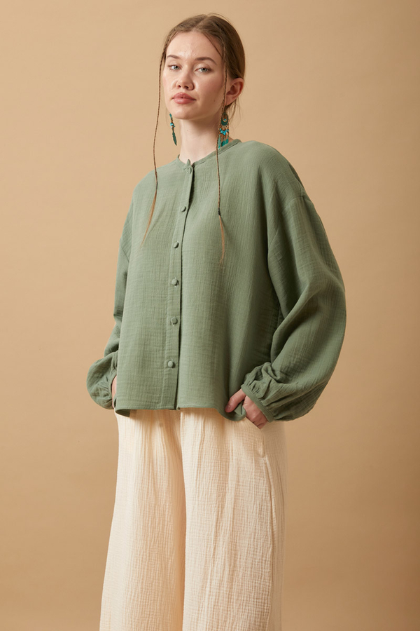 Stand Collar Muslin Shirt Dark Mint - 5