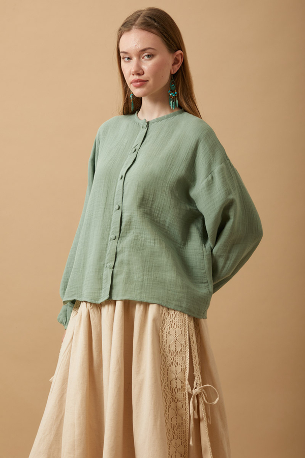 Stand Collar Muslin Shirt Mint - 6