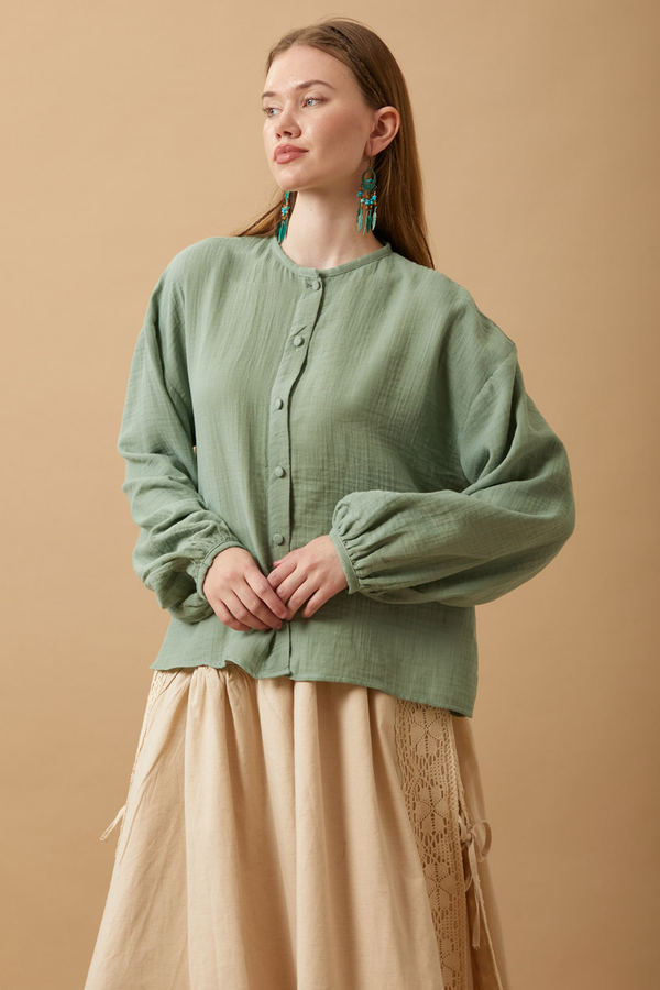 Stand Collar Muslin Shirt Mint - 3