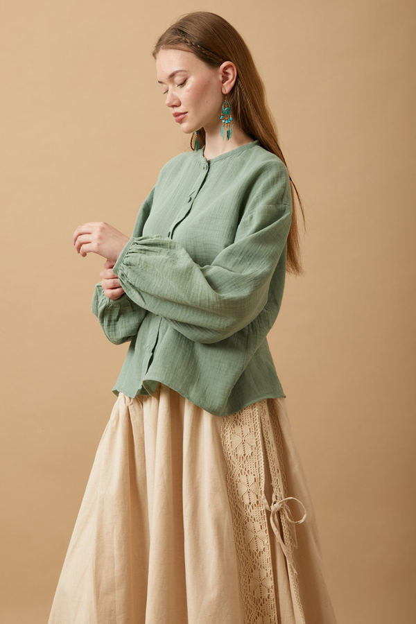 Stand Collar Muslin Shirt Mint - 5