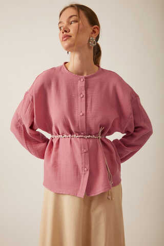 Stand Collar Muslin Shirt Pink - 1