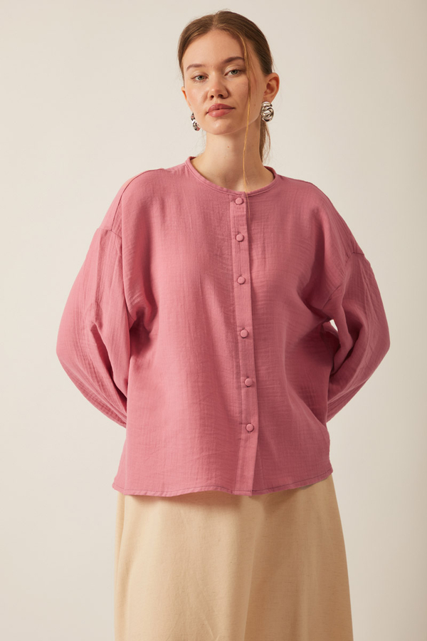 Stand Collar Muslin Shirt Pink - 4