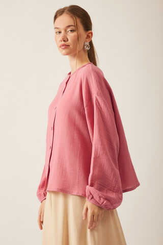 Stand Collar Muslin Shirt Pink - 6
