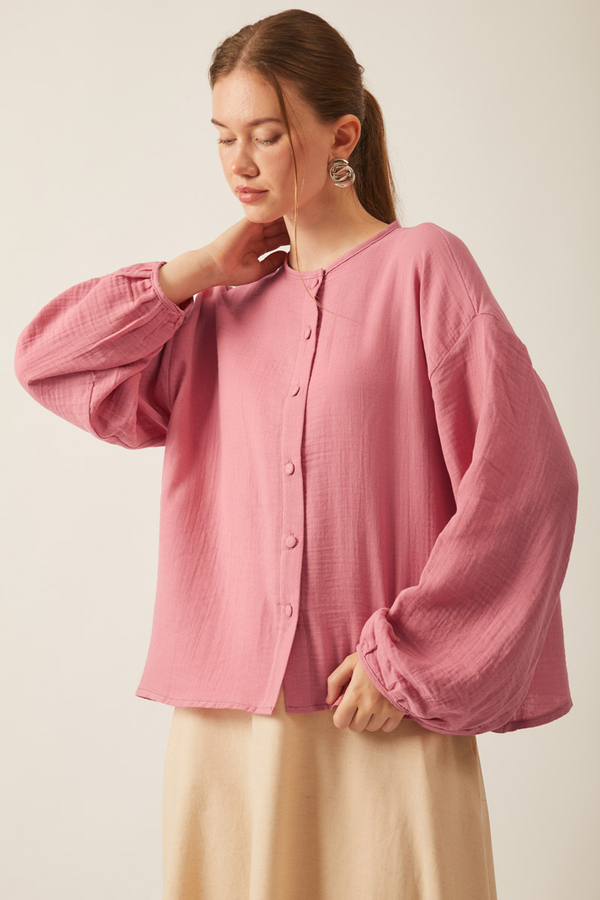 Stand Collar Muslin Shirt Pink - 7