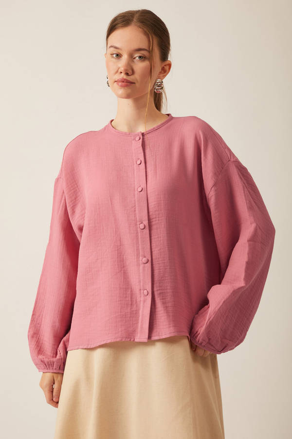 Stand Collar Muslin Shirt Pink - 3