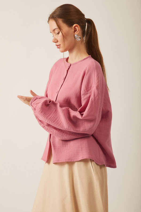 Stand Collar Muslin Shirt Pink - 5