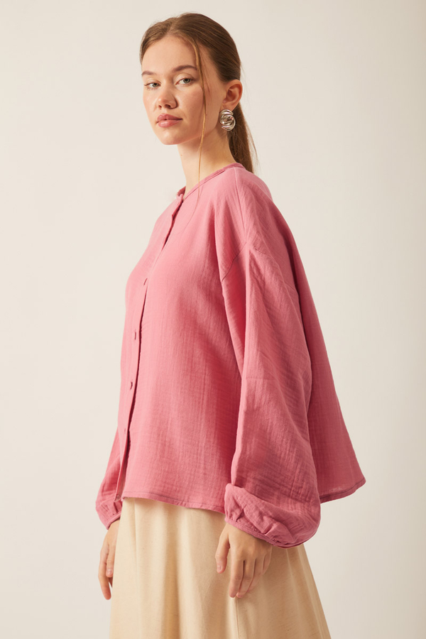 Stand Collar Muslin Shirt Pink - 6