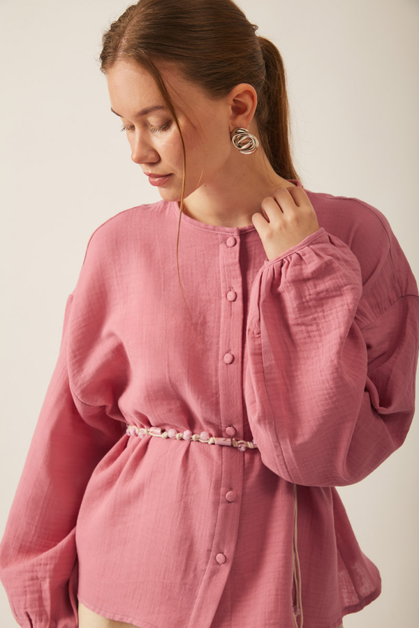 Stand Collar Muslin Shirt Pink - 11
