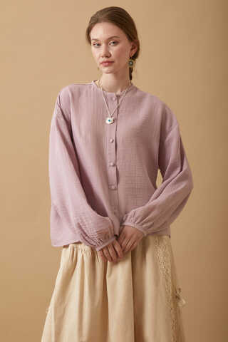 Stand Collar Muslin Shirt Powder - 4