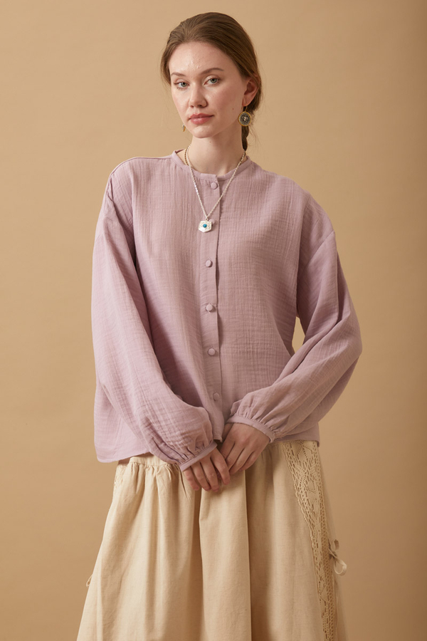 Stand Collar Muslin Shirt Powder - 4