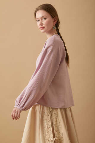 Stand Collar Muslin Shirt Powder - 7